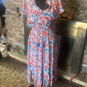 Vibrant Floral Midi Dress in Red and Blue